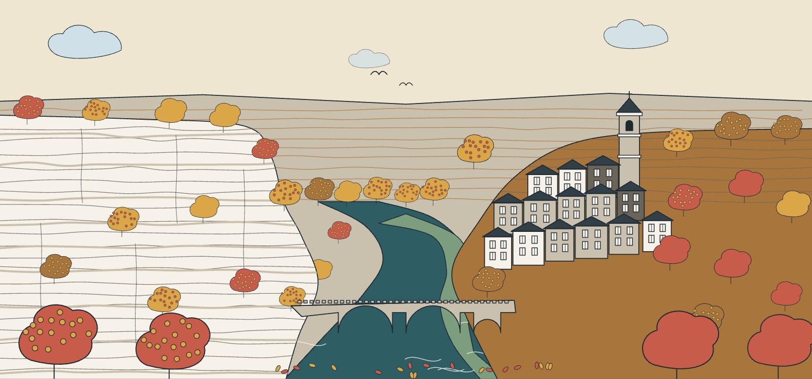 Illustration des gorges du Tarn en automne, canyon calcaire, rivi&egrave;re verte, village de Sainte-Enimie et arbres roux