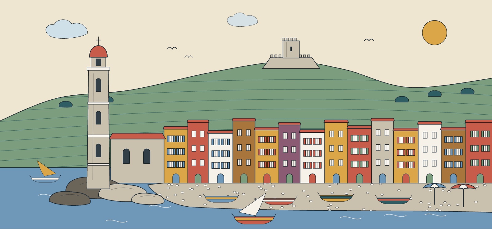Illustration de Collioure en &eacute;t&eacute;, clocher-phare au bord de l'eau, barques catalanes et maisons ocre