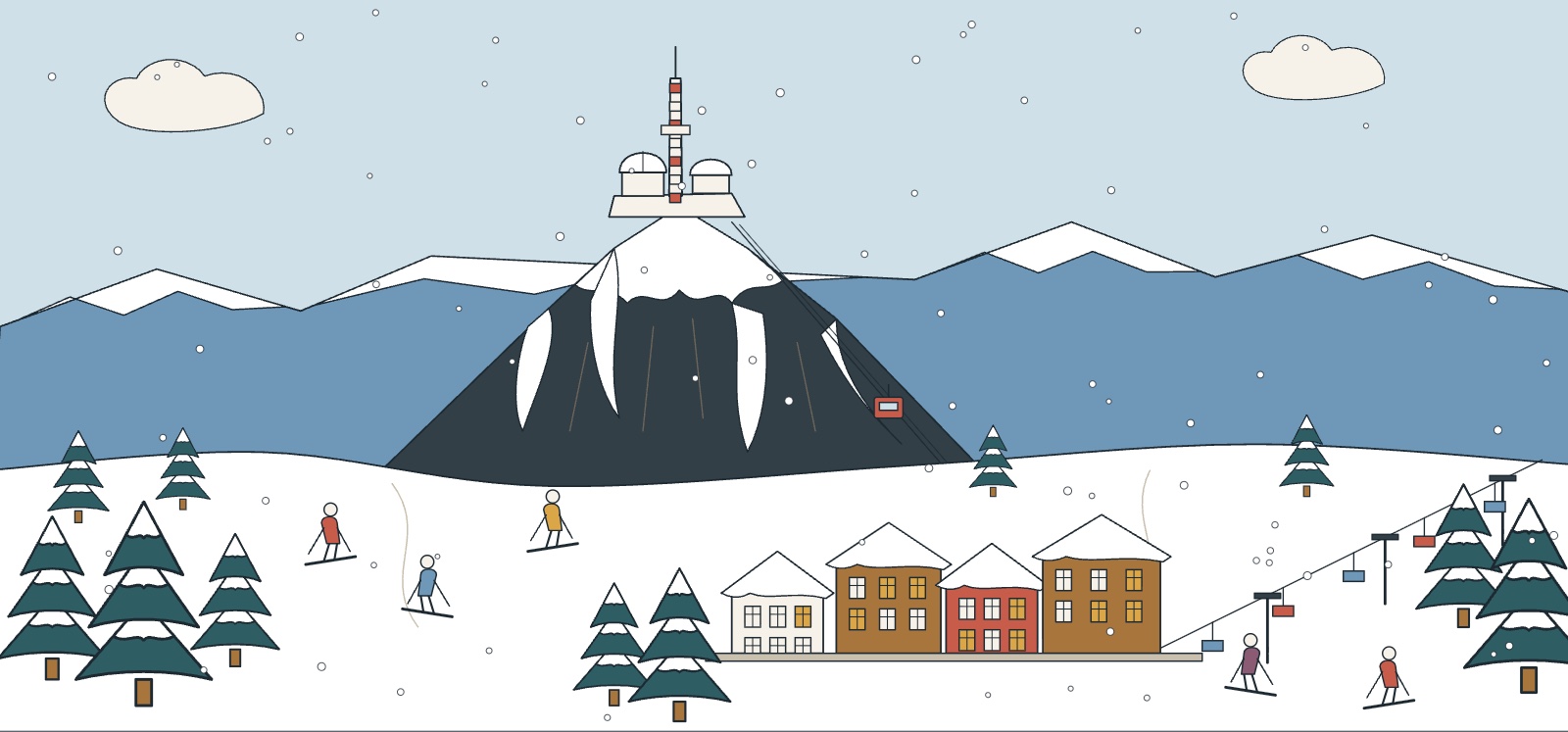 Illustration des Pyr&eacute;n&eacute;es en hiver, Pic du Midi et son observatoire, station de ski et sapins enneig&eacute;s