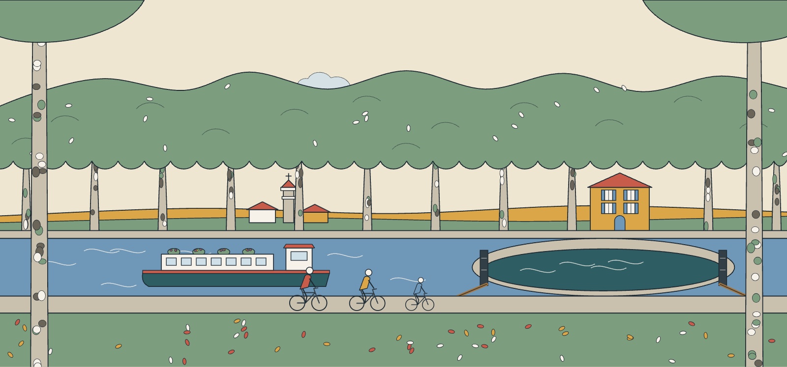 Illustration du canal du Midi au printemps, all&eacute;e de platanes, &eacute;cluse ovale, p&eacute;niche et cyclistes